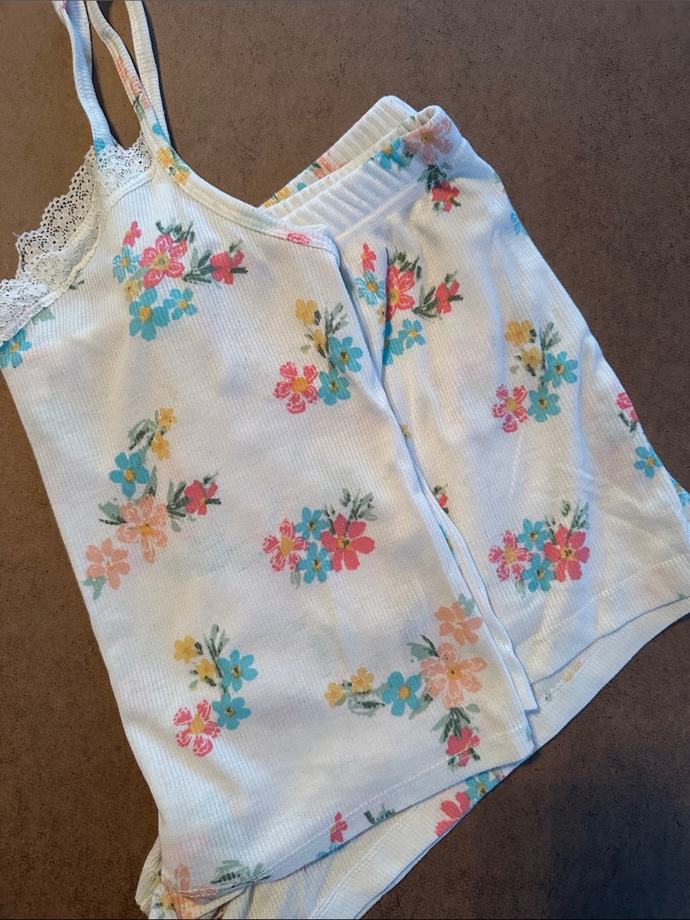 Colsie White Floral Lace-Trim Pajama Tank and Shorts Set